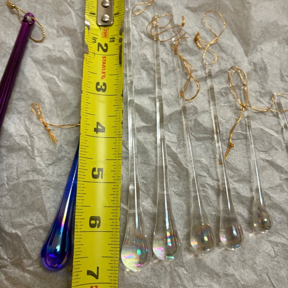 Vintage Hand Blown Glass Icicle Ornaments Purple Blue Iridescent Clear Set of 8